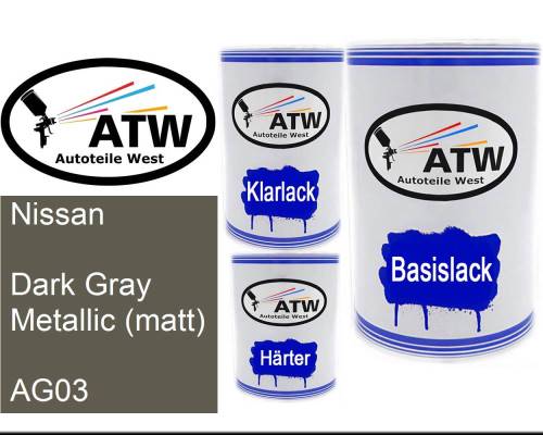 Nissan, Dark Gray Metallic (matt), AG03: 500ml Lackdose + 500ml Klarlack + 250ml Härter - Set, von ATW Autoteile West.